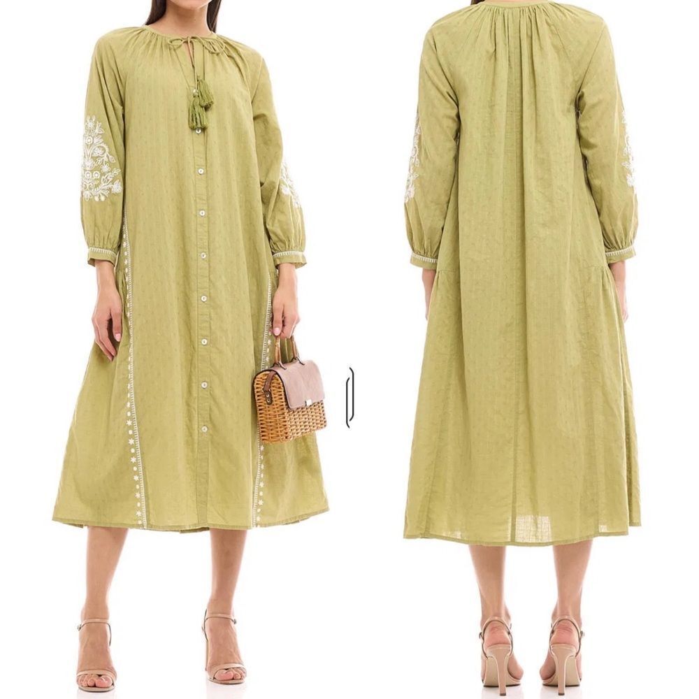 Zara green embroidered midi dress boho peasant style‎ women’s size xs
